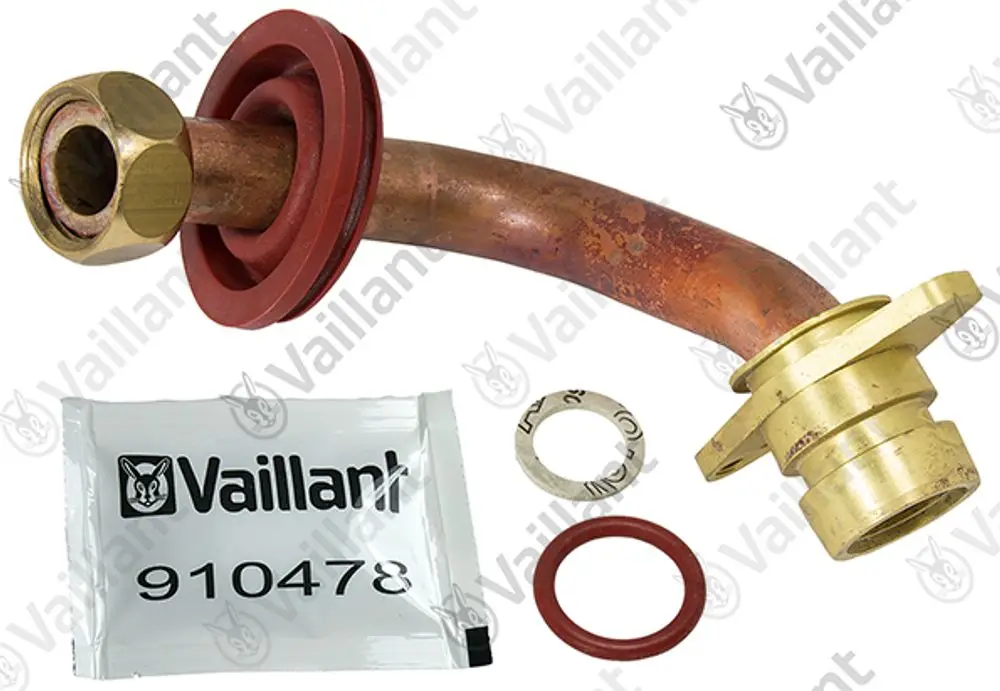 Vaillant Rohr mit Kupfer- und Messingteilen, unterschiedlichen Dichtungen und einer Verpackung, die das Vaillant-Logo zeigt.